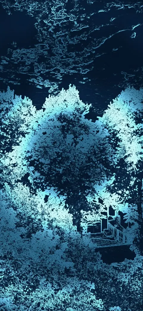Garden scene through the Dolphin filter: cyan edge-wireframe outlines of trees and a house against deep navy