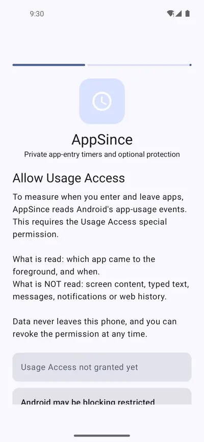 Allow usage access screen explaining what is read — which app came to the foreground and when — and what is not, such as screen content, typed text and messages