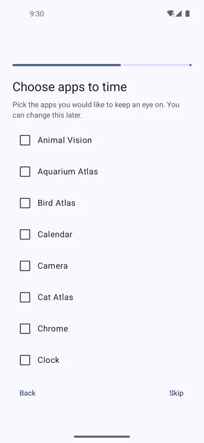 Choose apps to time screen with a checklist of the apps installed on the phone