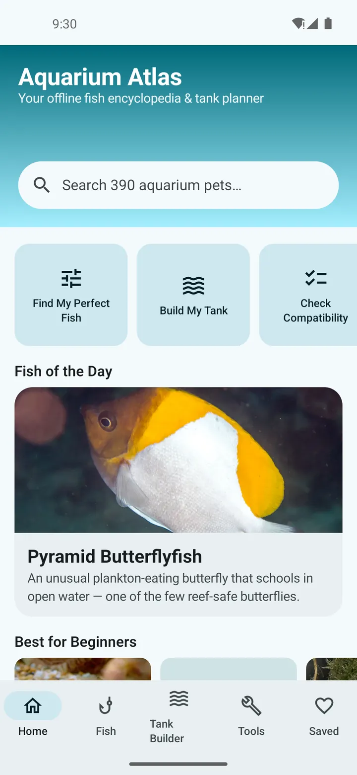 Aquarium Atlas home screen with a search bar for 390 aquarium pets, tools to find a fish, build a tank and check compatibility, and a Fish of the Day card showing a Pyramid Butterflyfish