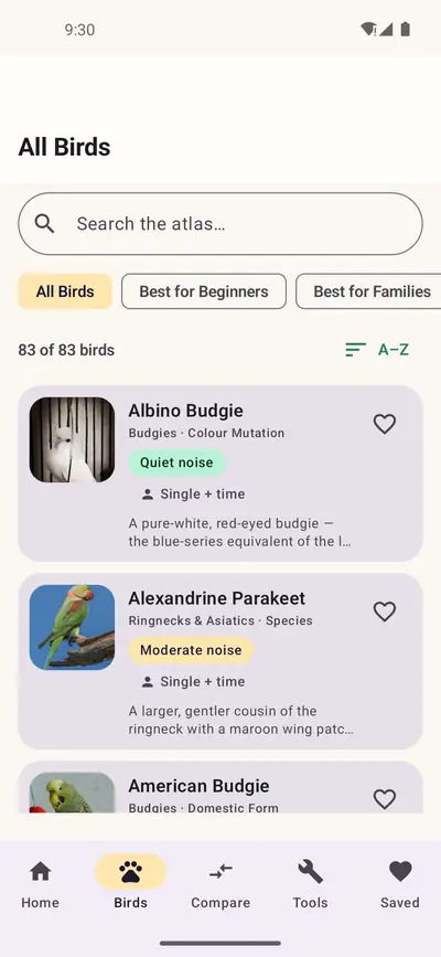 All Birds list of 83 birds, including an Albino Budgie and an Alexandrine Parakeet with noise level and care labels