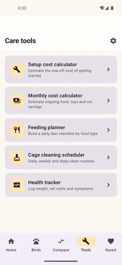 Care tools screen listing a setup cost calculator, monthly cost calculator, feeding planner, cage cleaning scheduler and health tracker