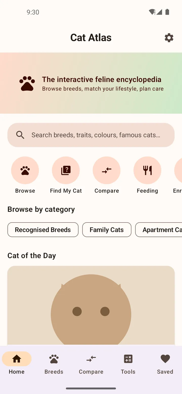 Cat Atlas home screen titled The interactive feline encyclopedia, with search, quick actions for browse, find my cat, compare and feeding, category chips and a Cat of the Day card