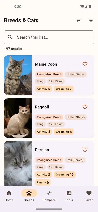 Breeds and Cats list of 197 results as photo cards for Maine Coon, Ragdoll and Persian, each with origin, lifespan, activity and grooming labels