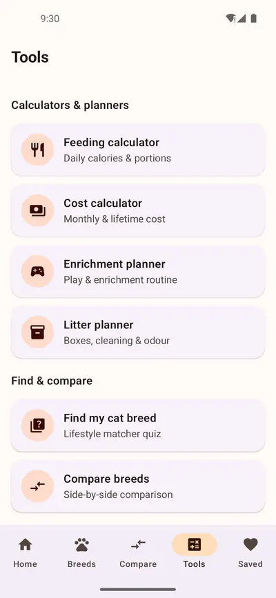 Tools screen listing a feeding calculator, cost calculator, enrichment planner, litter planner, a find my cat quiz and breed comparison