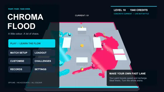 Chromaflood main menu with bold colour blocking and mode selection