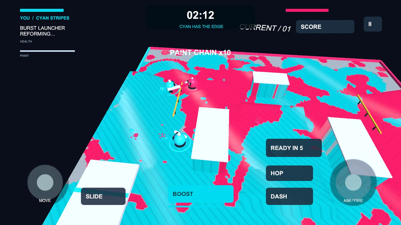 An isometric arena floor covered in competing cyan and pink paint, with touch controls for move, slide, hop, dash and fire