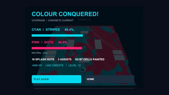 End-of-match results screen showing territory percentages by team