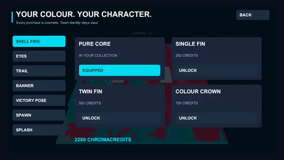 Cosmetics screen listing shell fins, eyes, trails, banners, victory poses, spawns and splashes, priced in earned credits