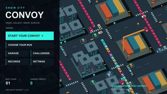 Convoy: Chain City main menu over a neon city backdrop