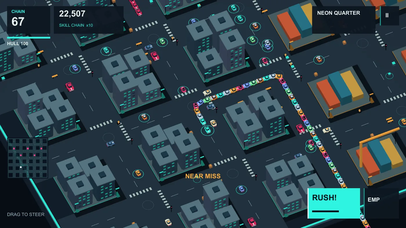 Top-down view of a long chain of vehicles winding between neon city blocks, with chain and skill-chain counters on the HUD