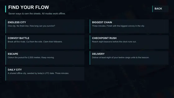 Mode selection screen listing the game's offline modes