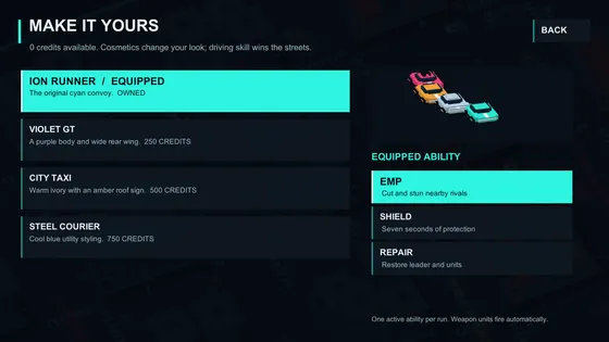 Garage screen listing unlockable leader styles on the left and the equipped ability on the right