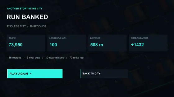Run results screen showing chain length, credits earned and personal records