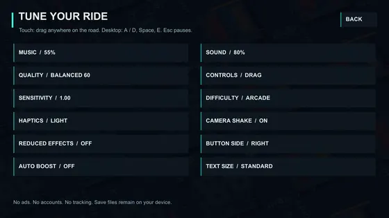 Settings screen offering control schemes, difficulty, reduced effects and audio levels