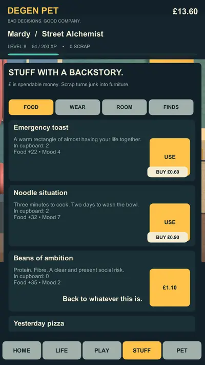 Stuff with a backstory: a food cupboard with items such as emergency toast, noodle situation and beans of ambition, each with its effect on food and mood