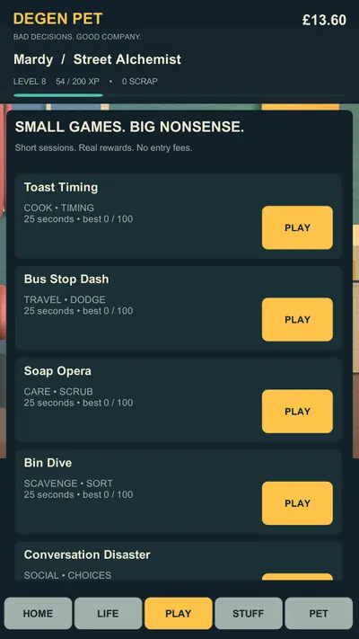 Small games, big nonsense: a list of quick activities including toast timing, bus stop dash, soap opera, bin dive and conversation disaster