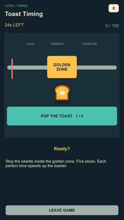 Toast Timing mini-game: stop a moving needle inside the golden zone to pop the toast, with a timer and score