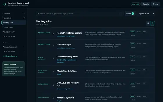The No-key APIs view as a table: 12 of 16 resources, including Room, WorkManager, OpenStreetMap Data, MediaPipe Solutions, GOV.UK Bank Holidays API and Material Symbols, each marked verified