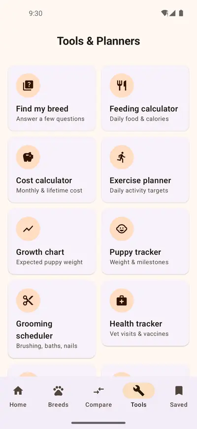 Tools and Planners screen with tiles for find my breed, feeding calculator, cost calculator, exercise planner, growth chart, puppy tracker, grooming scheduler and health tracker