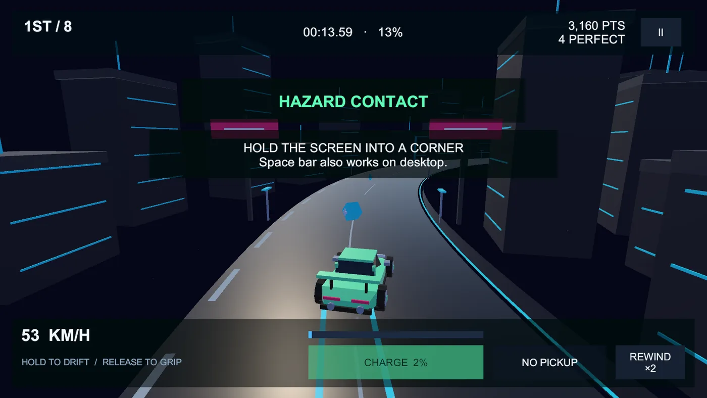Chase-camera view of a green car on a night road through a neon-lit city, with speed, charge and position on the HUD