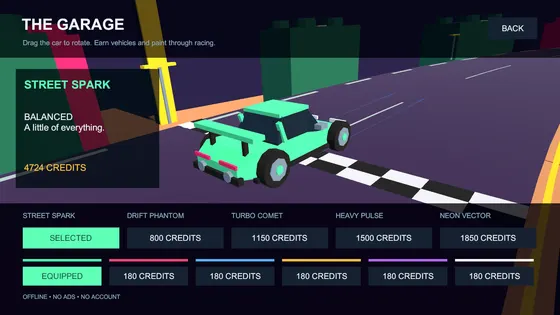 Garage screen showing the selectable cars and paint choices