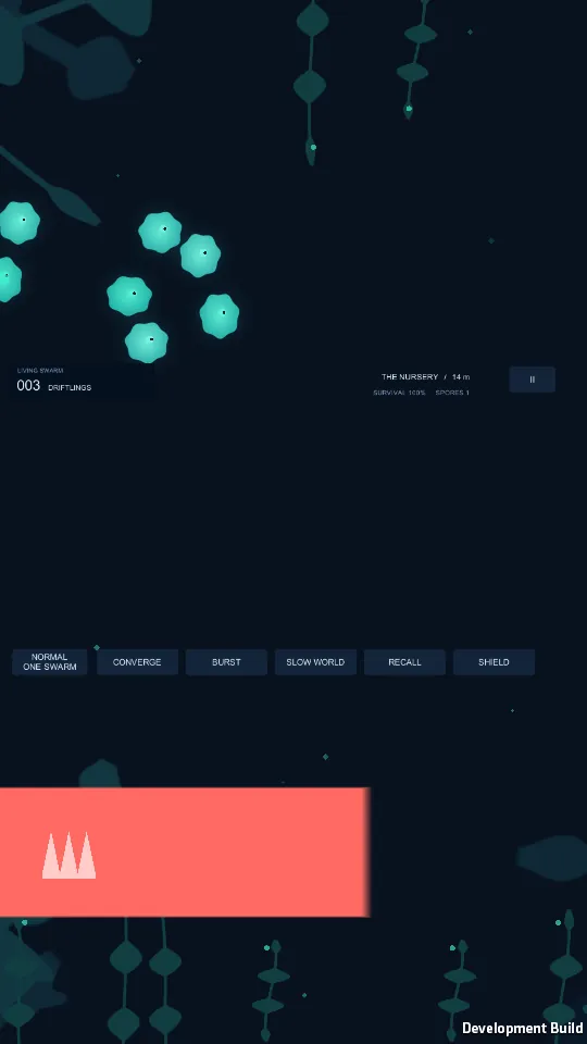 Driftlings gameplay: a swarm of glowing hexagonal creatures drifting through a dark world, with a red hazard block below and an ability bar for converge, burst, slow world, recall and shield