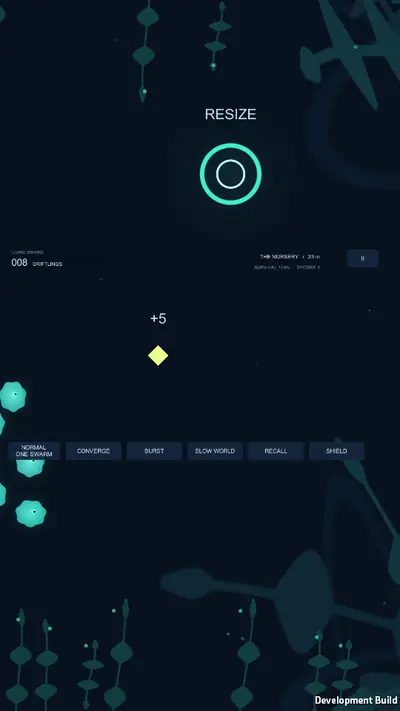 A resize station ring glowing in the dark as the swarm approaches it, with the score and passage counter at the top