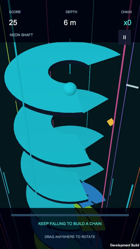 DropCore gameplay: a cyan ball dropping down a spiral tower of curved platforms, with score, depth and chain counters and the hint drag anywhere to rotate