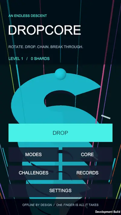 DropCore title screen reading An endless descent, with drop, modes, core, challenges, records and settings buttons over a spiral tower