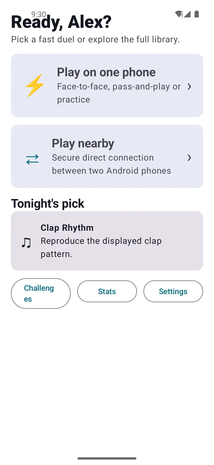 DuelSync main menu greeting Ready, Alex, with options to play on one phone or play nearby between two Android phones, tonight's pick Clap Rhythm, and buttons for challenges, stats and settings