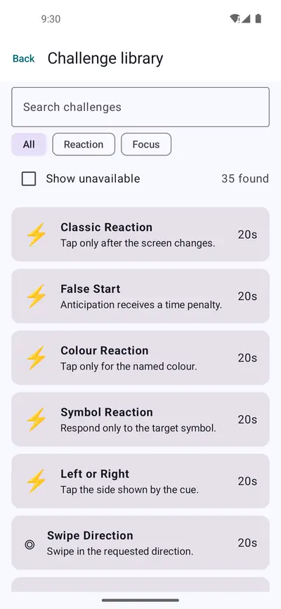 Challenge library listing 35 challenges such as classic reaction, false start, colour reaction, symbol reaction, left or right and swipe direction, each about 20 seconds