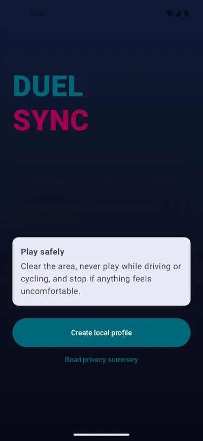 DuelSync welcome screen with a play safely reminder and a button to create a local profile