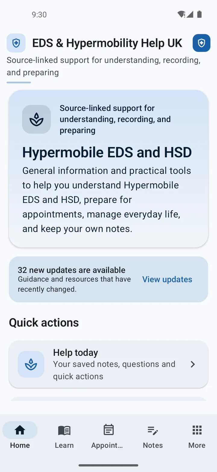 EDS and Hypermobility Help UK home screen describing source-linked support for Hypermobile EDS and HSD, a notice of new guidance updates, and quick actions