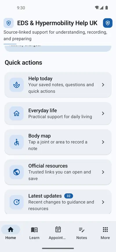 Quick actions for help today, everyday life, a body map for recording notes, official resources and latest updates