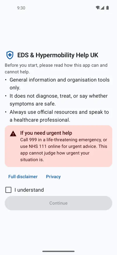 Before you start screen stating that the app offers general information only, does not diagnose or treat, and advising 999 or NHS 111 for urgent help