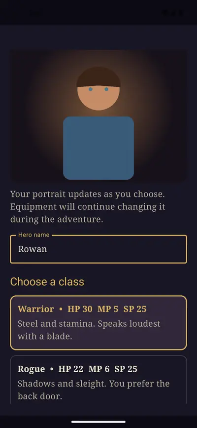 Forge your hero screen with a portrait preview, a hero name field filled in as Rowan, and a list of classes starting with Warrior and Rogue with their health, magic and stamina