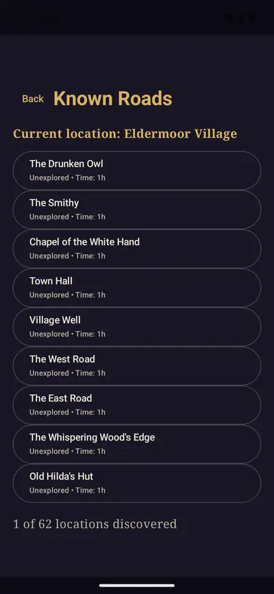 Known Roads map listing places such as The Drunken Owl, The Smithy, Chapel of the White Hand, Town Hall and The Whispering Wood's Edge, with 1 of 62 locations discovered