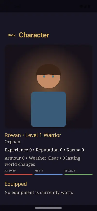 Character sheet for Rowan, a level 1 warrior and orphan, with a portrait, experience, reputation and karma, and health, magic and stamina bars