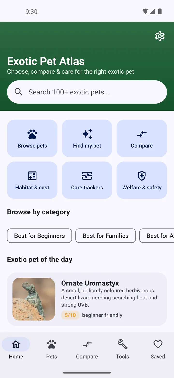 Exotic Pet Atlas home screen with a search bar for over 100 exotic pets, tiles for browse, find my pet, compare, habitat and cost, care trackers and welfare and safety, and an exotic pet of the day