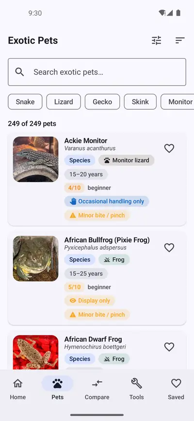 Exotic Pets list of 249 pets with group filter chips, and cards for the Ackie Monitor and African Bullfrog showing lifespan, difficulty, handling and bite notes
