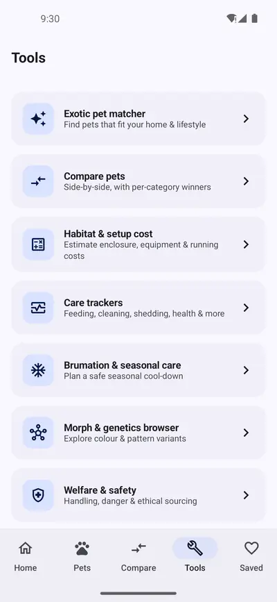 Tools screen listing an exotic pet matcher, pet comparison, habitat and setup cost, care trackers, brumation and seasonal care, a morph and genetics browser, and welfare and safety