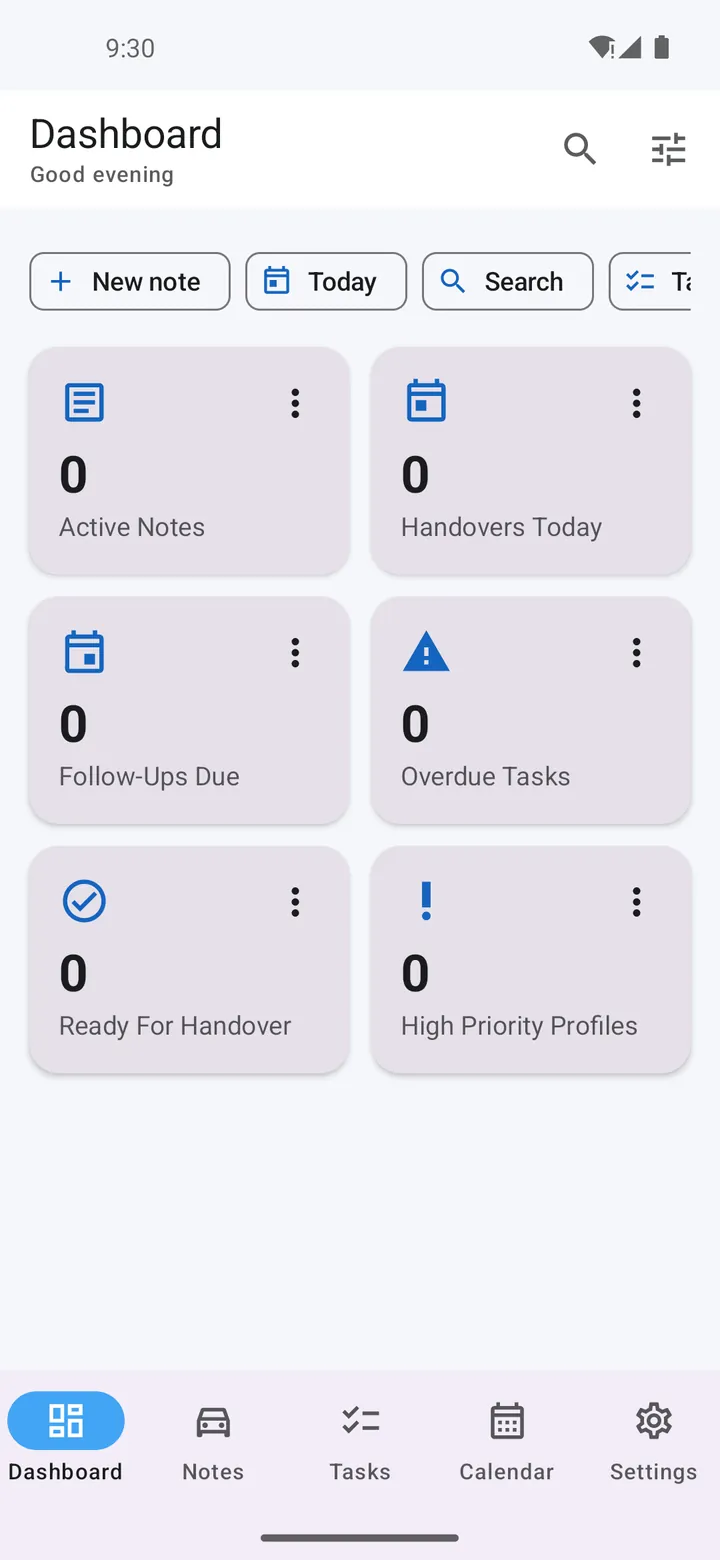 Handover Manager dashboard with cards for active notes, handovers today, follow-ups due, overdue tasks, ready for handover and high-priority profiles, all at zero on a fresh install