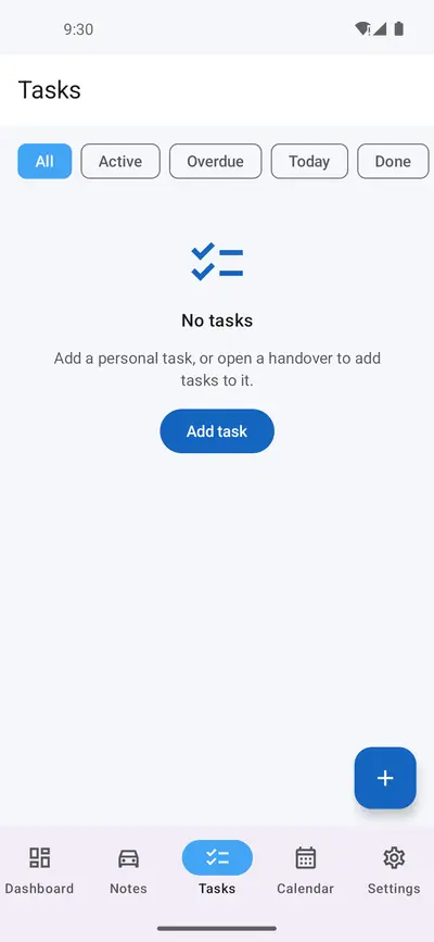 Tasks screen with filters for active, overdue, today and done, and an empty state with an add task button
