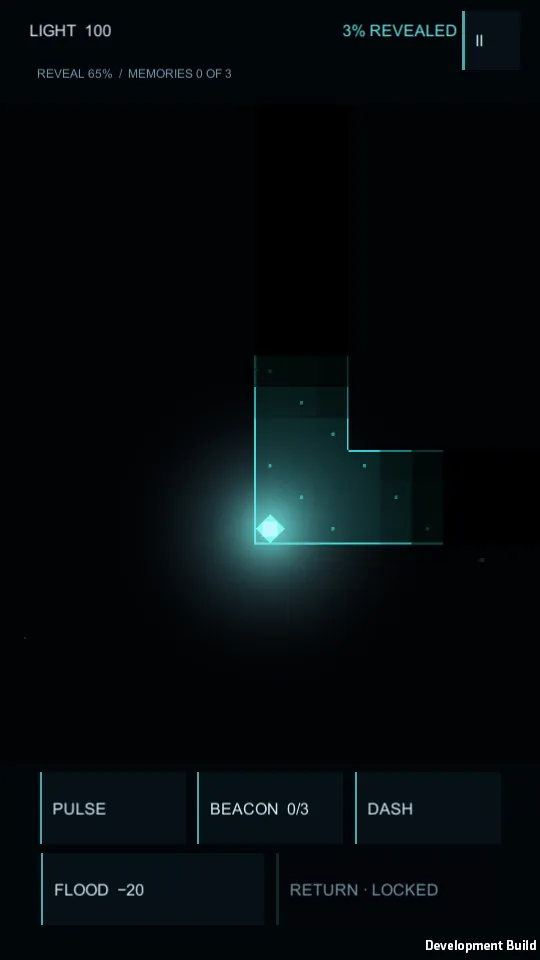 Illuminate gameplay: a single light in total darkness revealing a few glowing floor tiles around it, with 3 percent of the world revealed and pulse, beacon, dash and flood abilities below