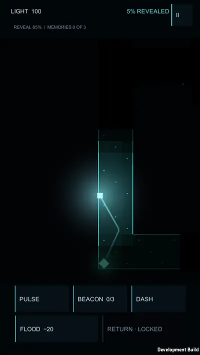 The light moving along a revealed path that bends through the dark, with 5 percent of the world revealed