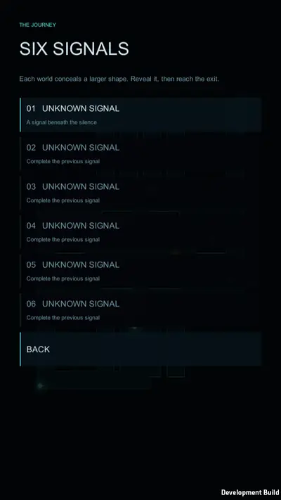 The journey screen titled Six signals, listing six worlds that unlock one after another