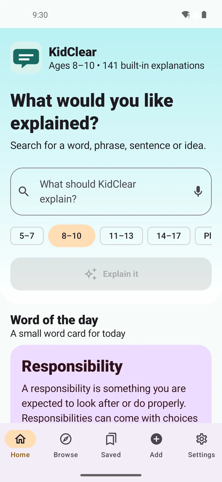 KidClear home screen asking what you would like explained, with a search field, age chips from 5 to 17 and a word of the day card explaining responsibility