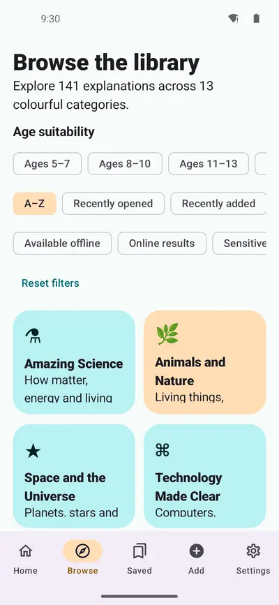 Browse the library screen with 141 explanations in colourful categories such as Amazing Science, Animals and Nature, Space and the Universe, and Technology Made Clear