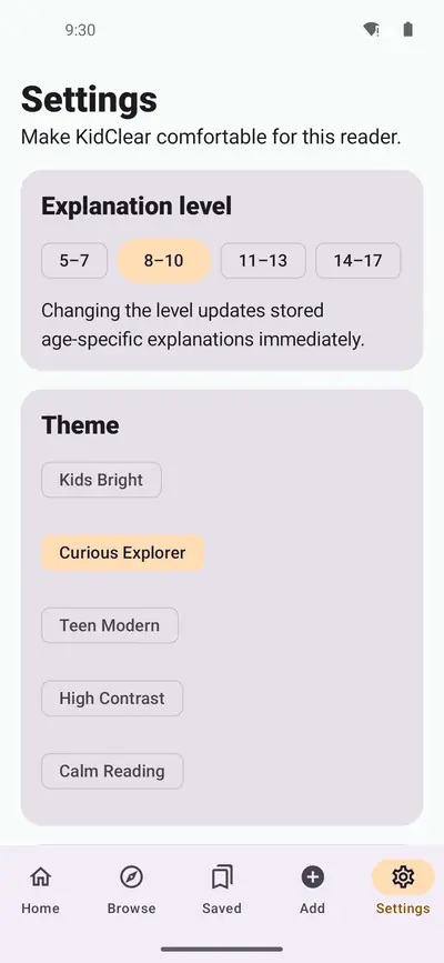 KidClear settings with explanation level chips and reading themes including Kids Bright, Curious Explorer, Teen Modern, High Contrast and Calm Reading